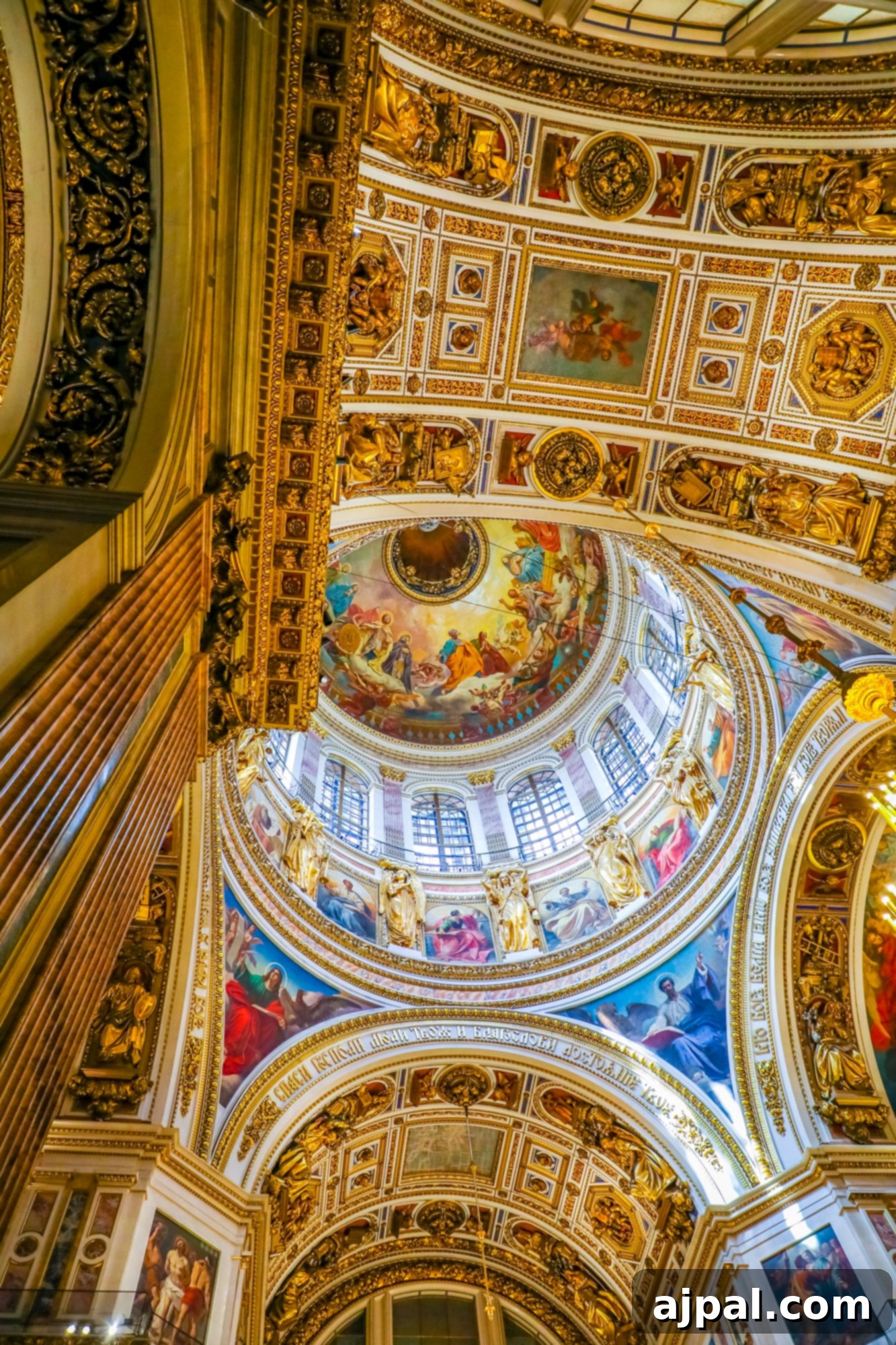 The grand dome of Saint Isaac's Cathedral, adorned with intricate paintings, a highlight of the Saint Petersburg Shore Excursion.