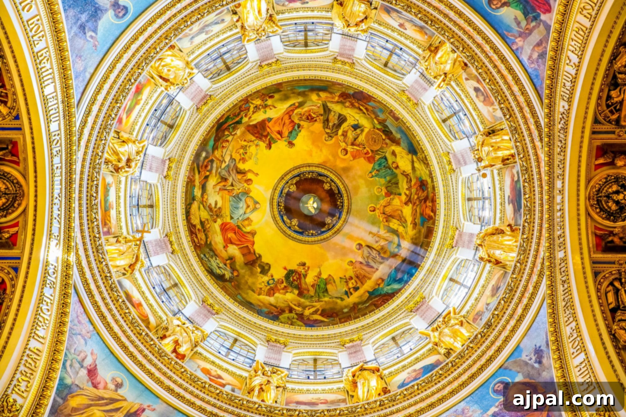 The magnificent dome of Saint Isaac's Cathedral, richly adorned with paintings, in Saint Petersburg, Russia.