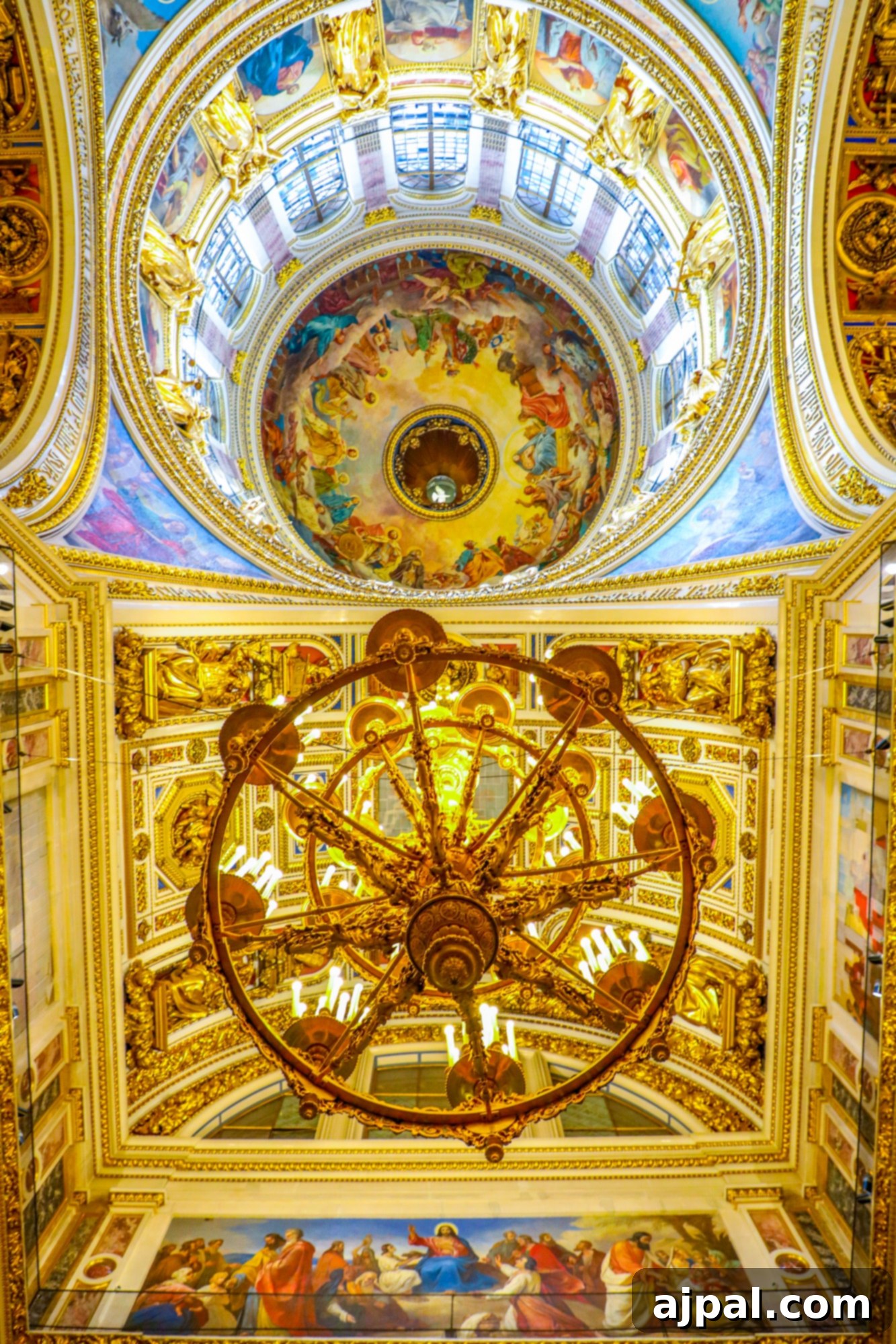An ornate ceiling within a cathedral featuring exquisite paintings, part of the Ultimate Saint Petersburg Shore Excursion.