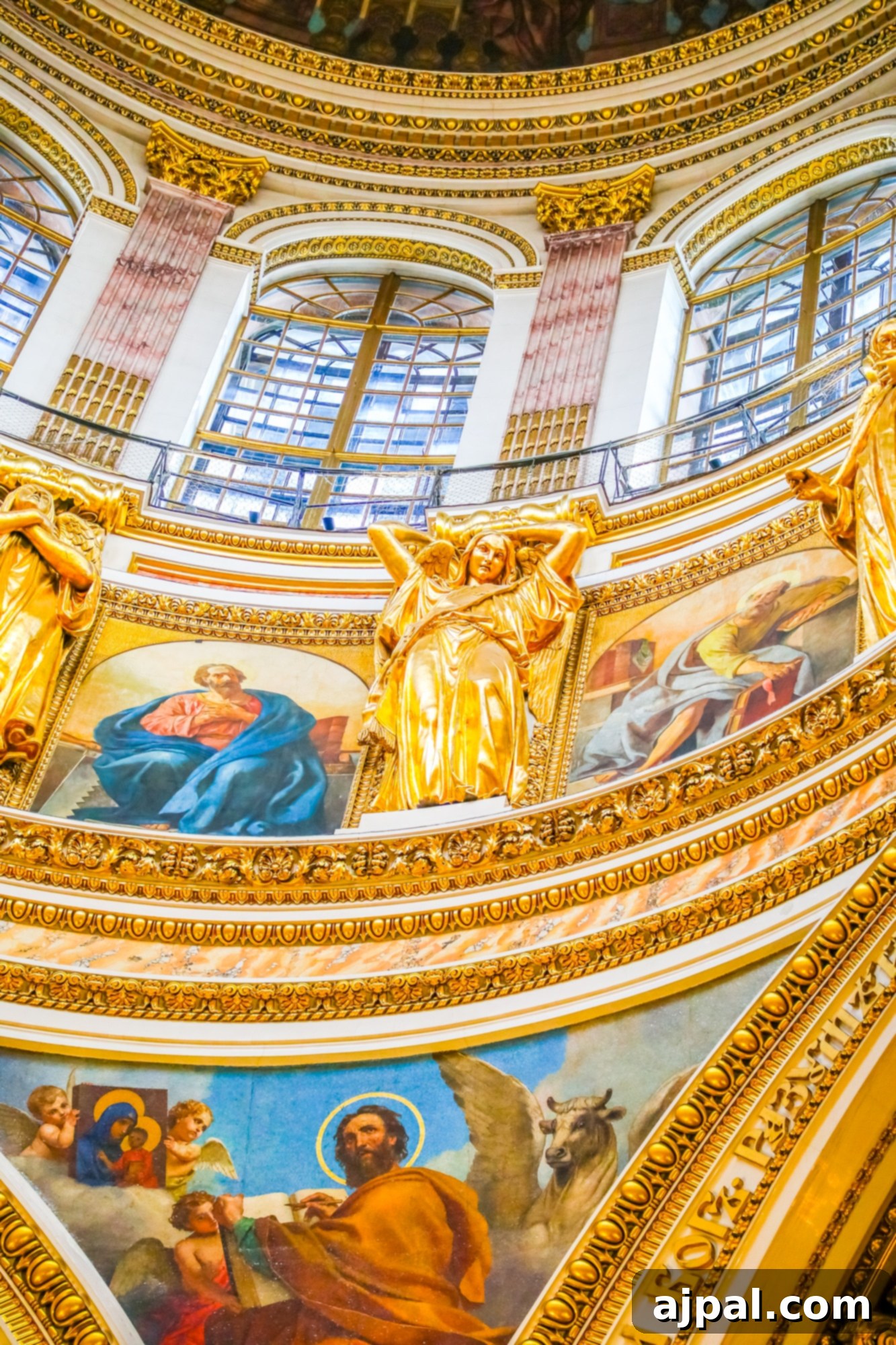 The ceiling of an ornate building in Russia, adorned with historical paintings, offering a perfect vista for a Saint Petersburg shore excursion with Princess Cruises.
