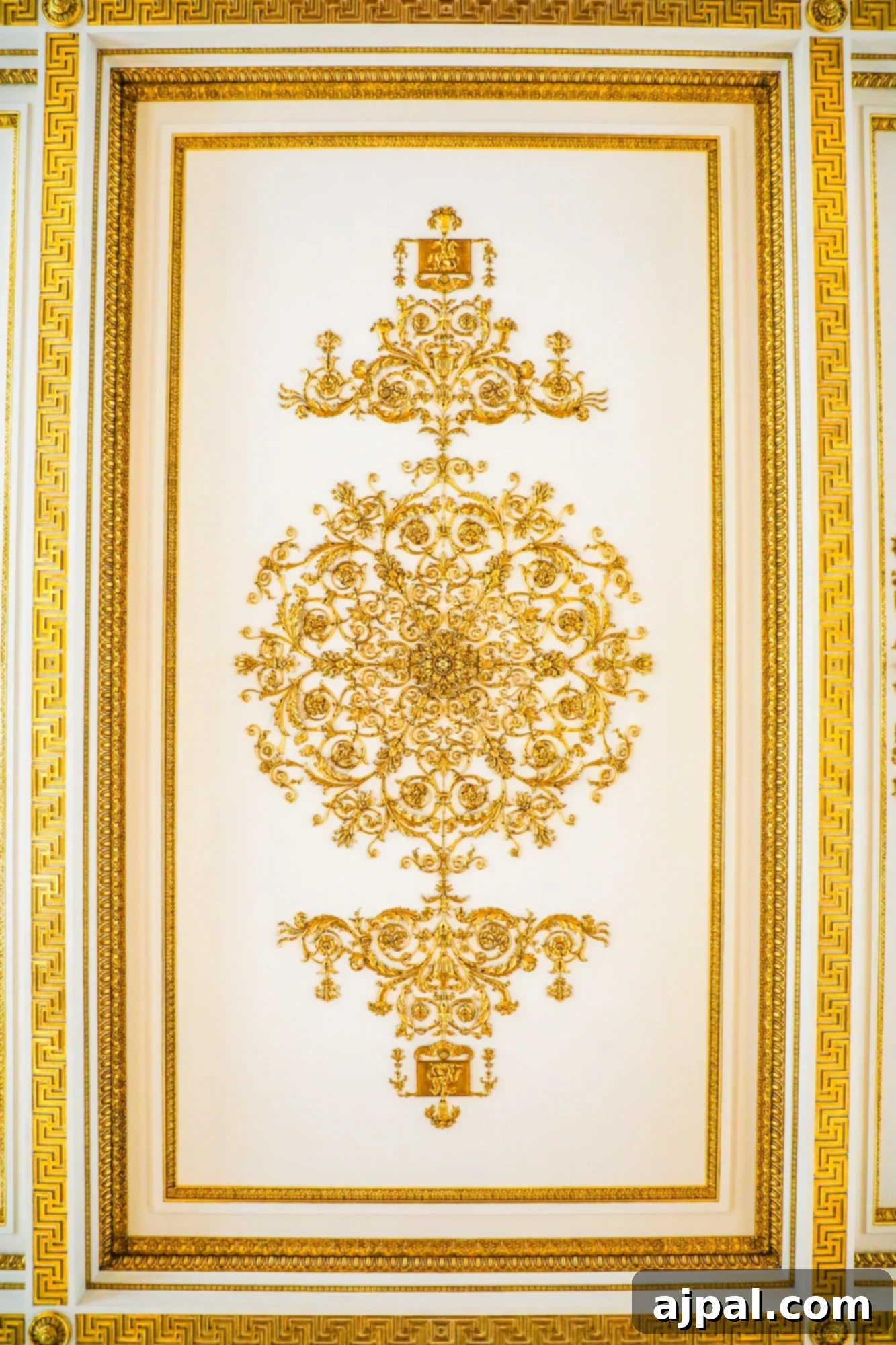 An opulent gold ceiling in a grand room, captured during the Princess Cruises Russia Ultimate Saint Petersburg Shore Excursion.