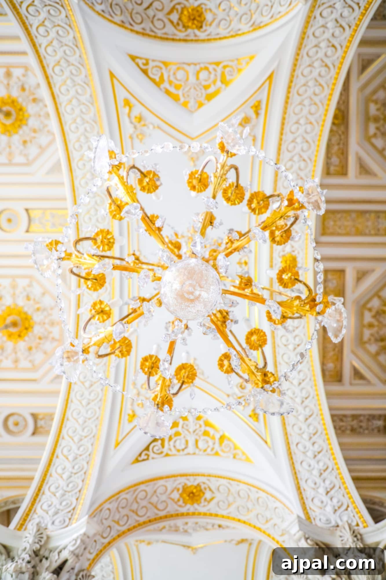 An ornate ceiling in a majestic building, experienced on a Princess Cruises shore excursion in Saint Petersburg, Russia.