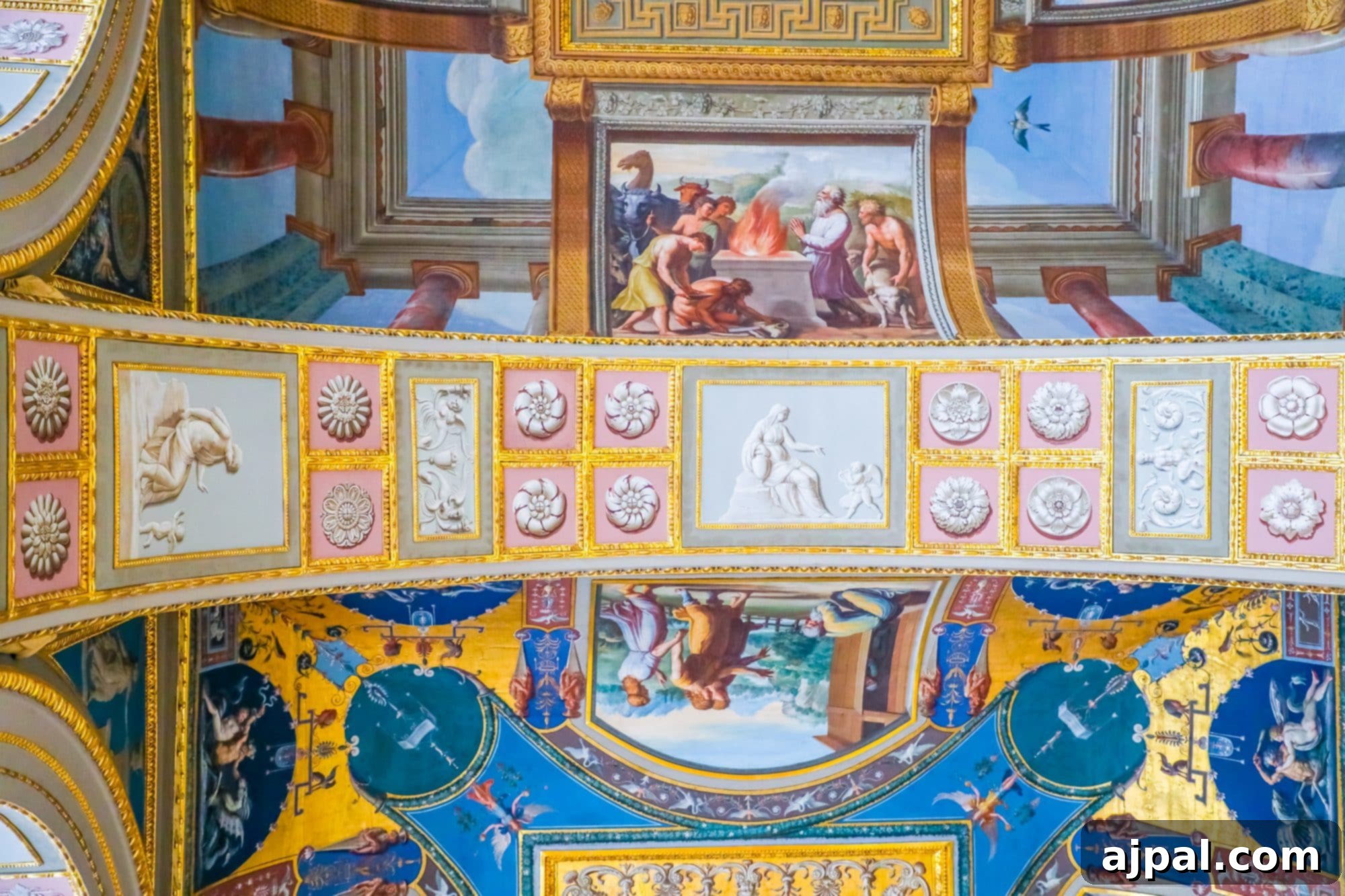 The ceiling of a historic church, adorned with vibrant colorful paintings, observed during a Princess Cruises Saint Petersburg shore excursion.