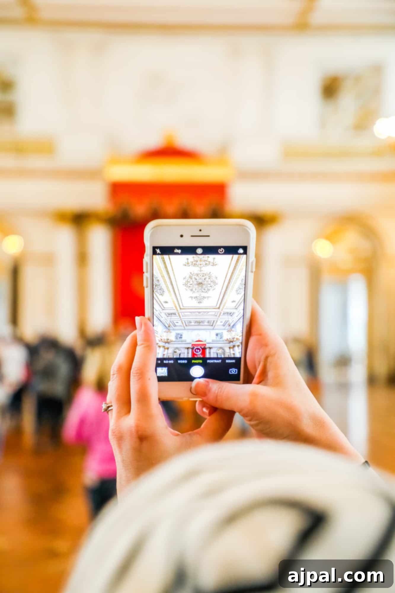A person capturing the intricate architecture of a building with a cell phone camera during a visit to The Hermitage in Russia.