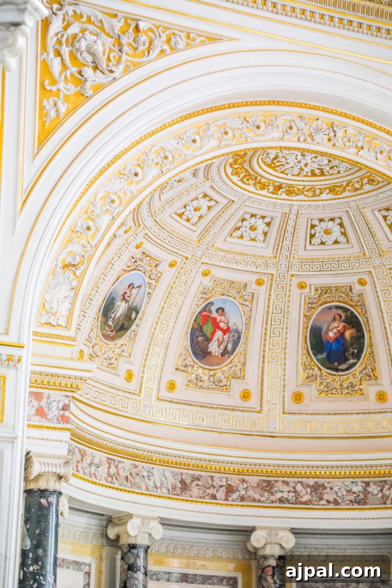 An exquisitely decorated ceiling within a historic building in Saint Petersburg, Russia.