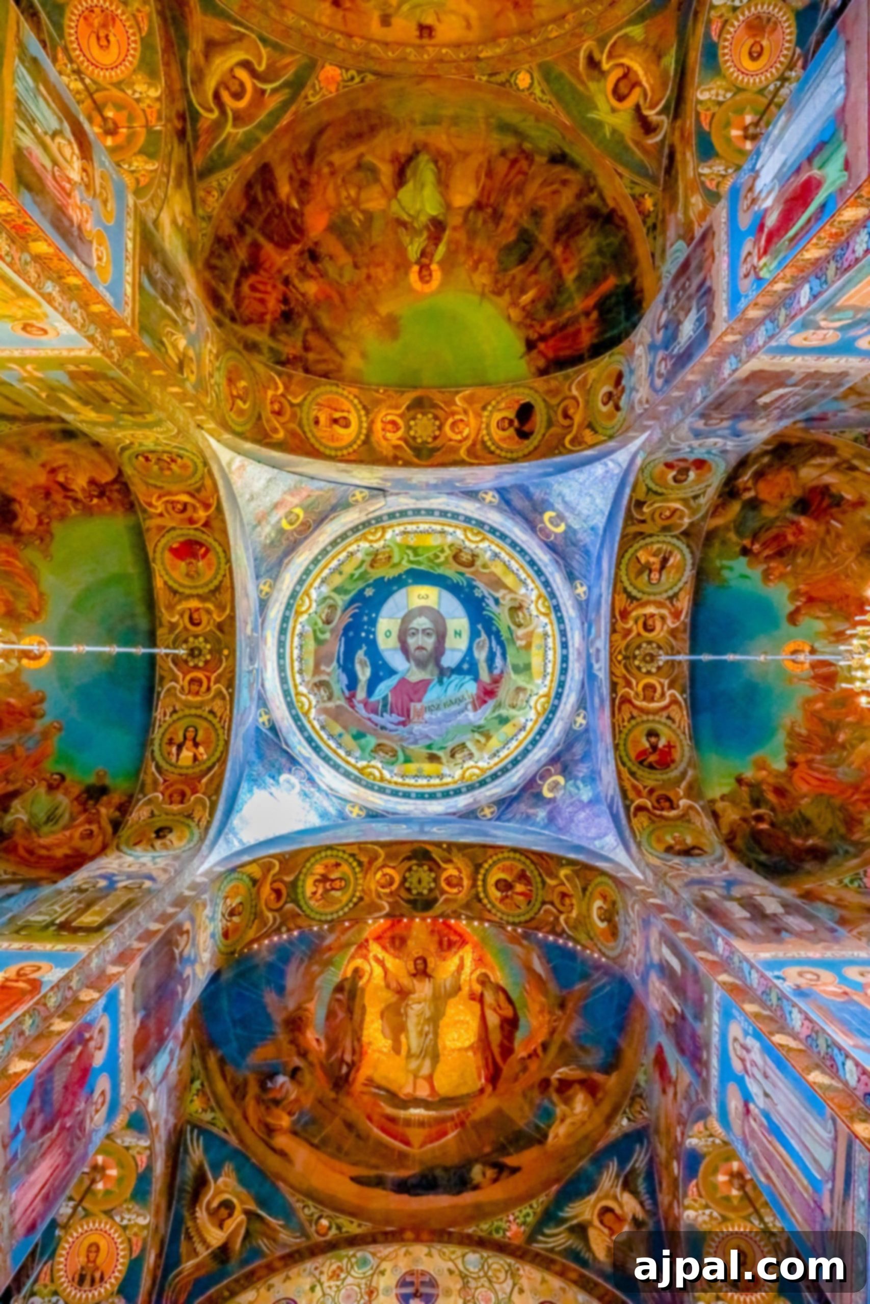 A vibrant church interior showcasing breathtaking ceiling paintings, an unforgettable stop on a Saint Petersburg shore excursion.
