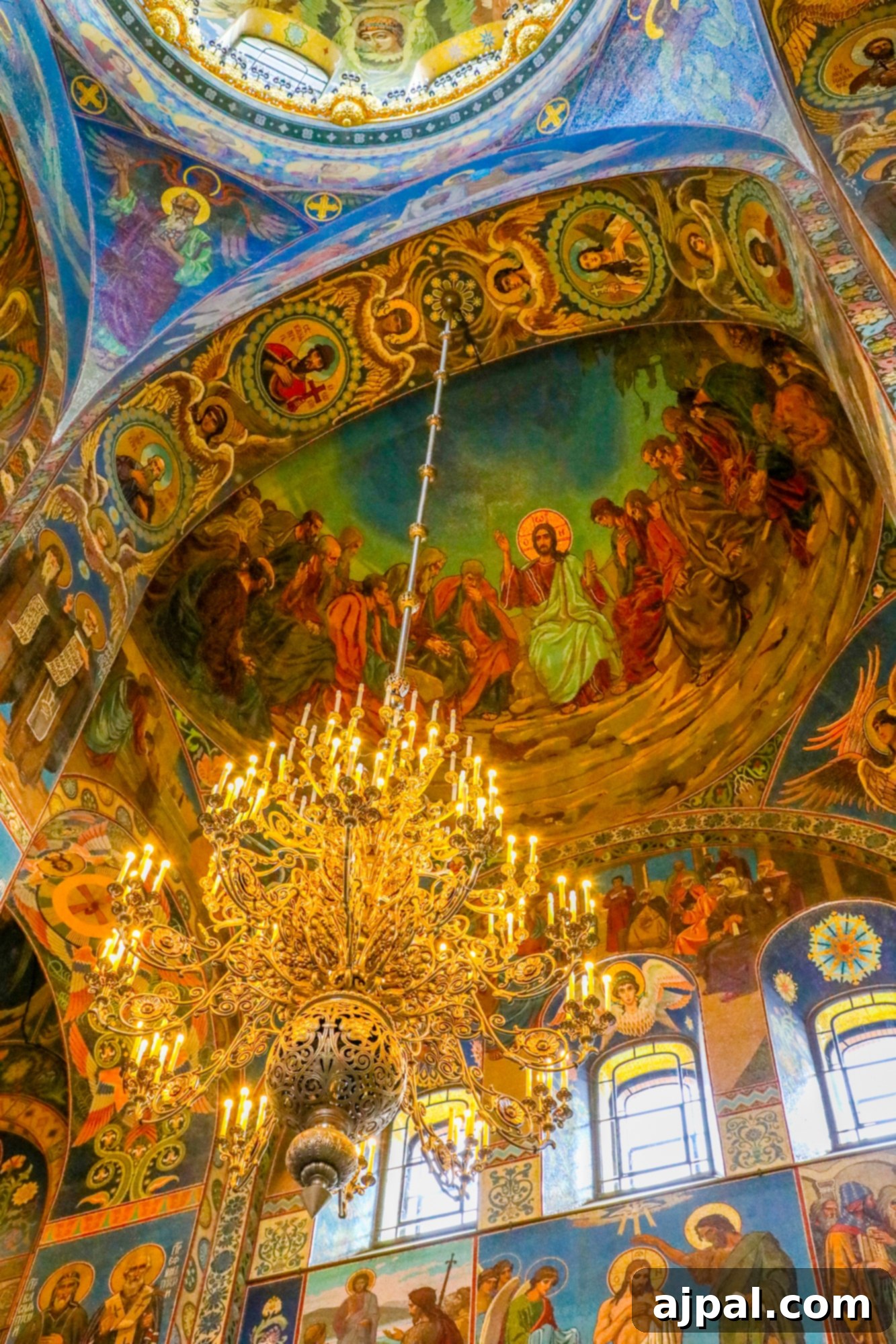 The vibrant interior of the Church of the Savior in Saint Petersburg, Russia, a key highlight of a Princess Cruises Russia Shore Excursion.
