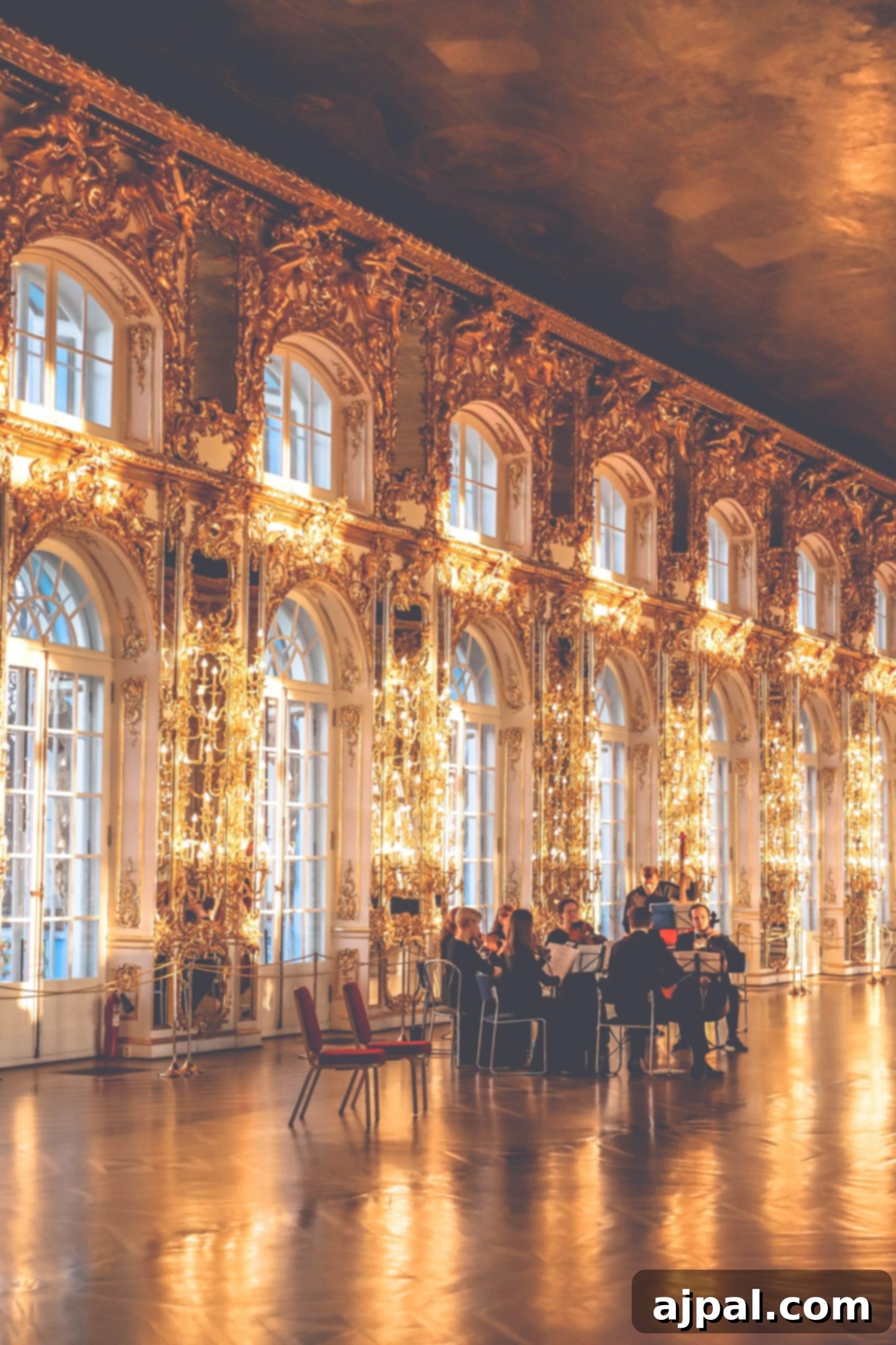 An extravagant room adorned with elegant chandeliers and ornate ceilings, an exclusive highlight of a Princess Cruises Saint Petersburg shore excursion.