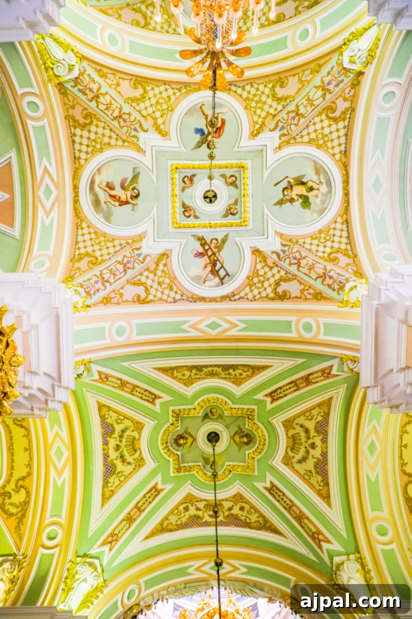 The intricate ceiling detail within the Peter and Paul Fortress in Russia’s Saint Petersburg.