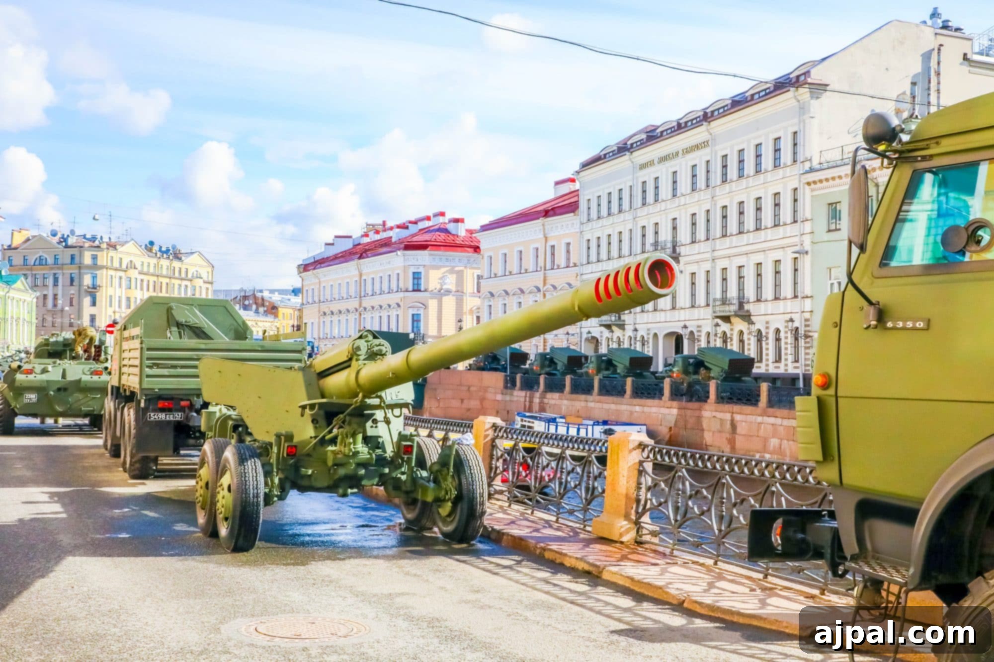 Impressive military vehicles parked on a street in St. Petersburg, Russia, during a Princess Cruises shore excursion, likely for Victory Day preparations.