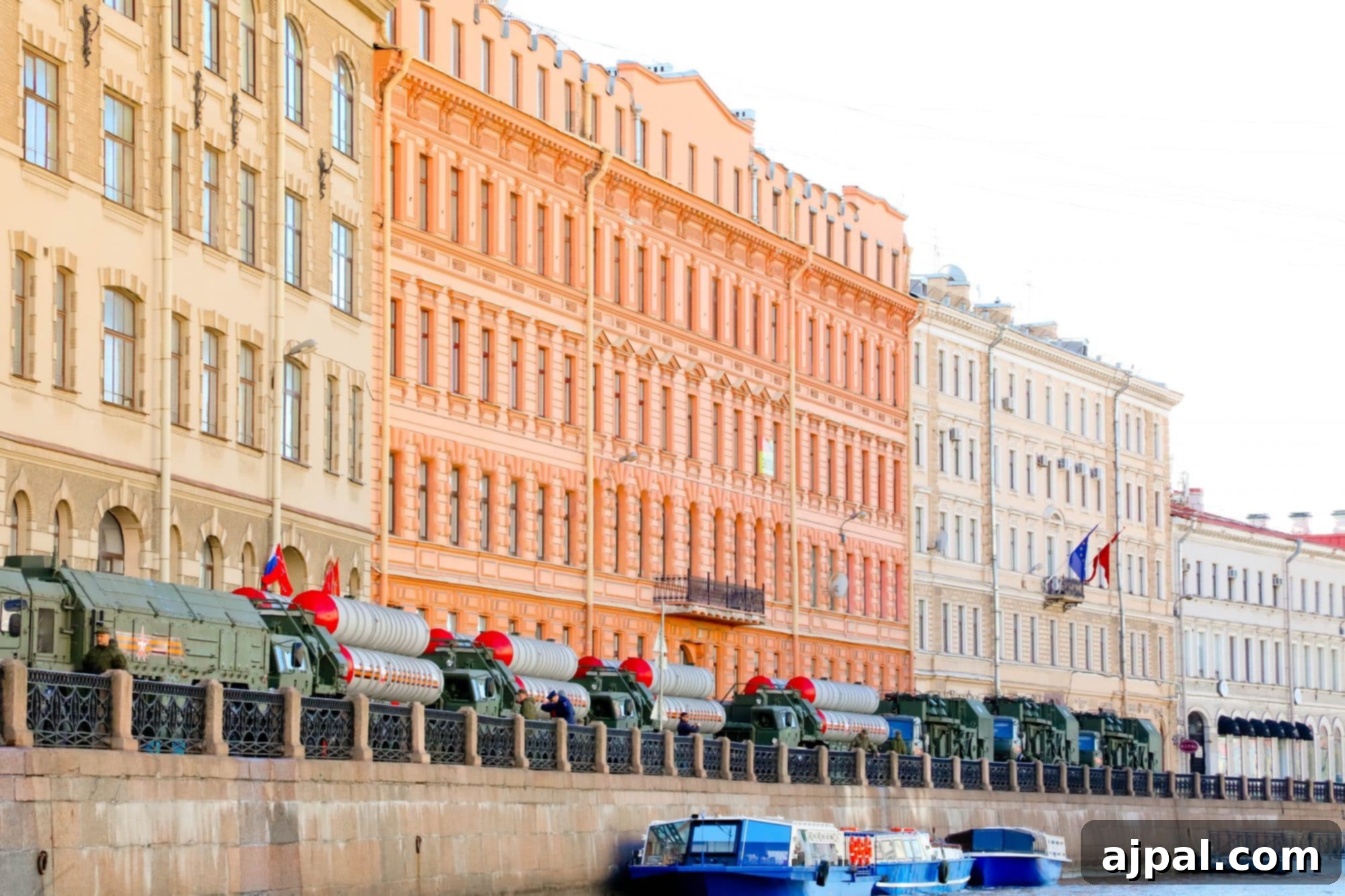 Warships docked in St. Petersburg, Russia, as part of the Victory Day preparations.