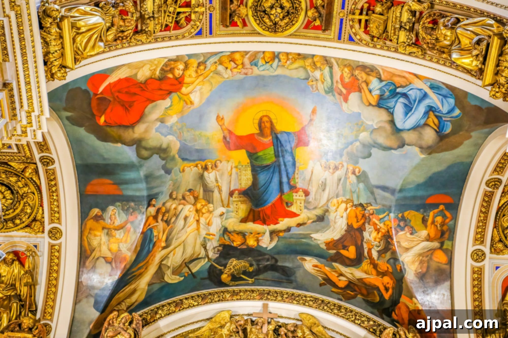 A captivating painting of Jesus on the ceiling of a church in Saint Petersburg, Russia.