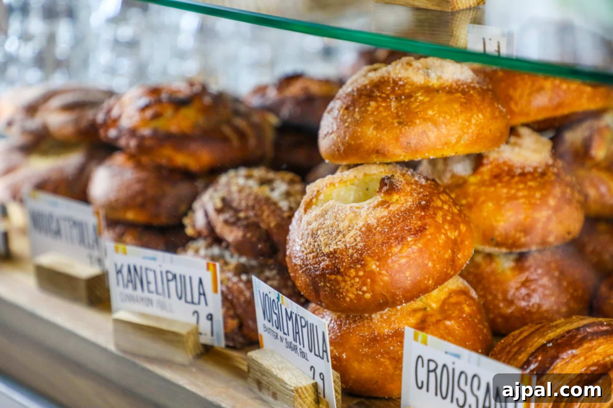 An enticing display of freshly baked pastries and breads behind a glass case at the Helsinki Market Hall.