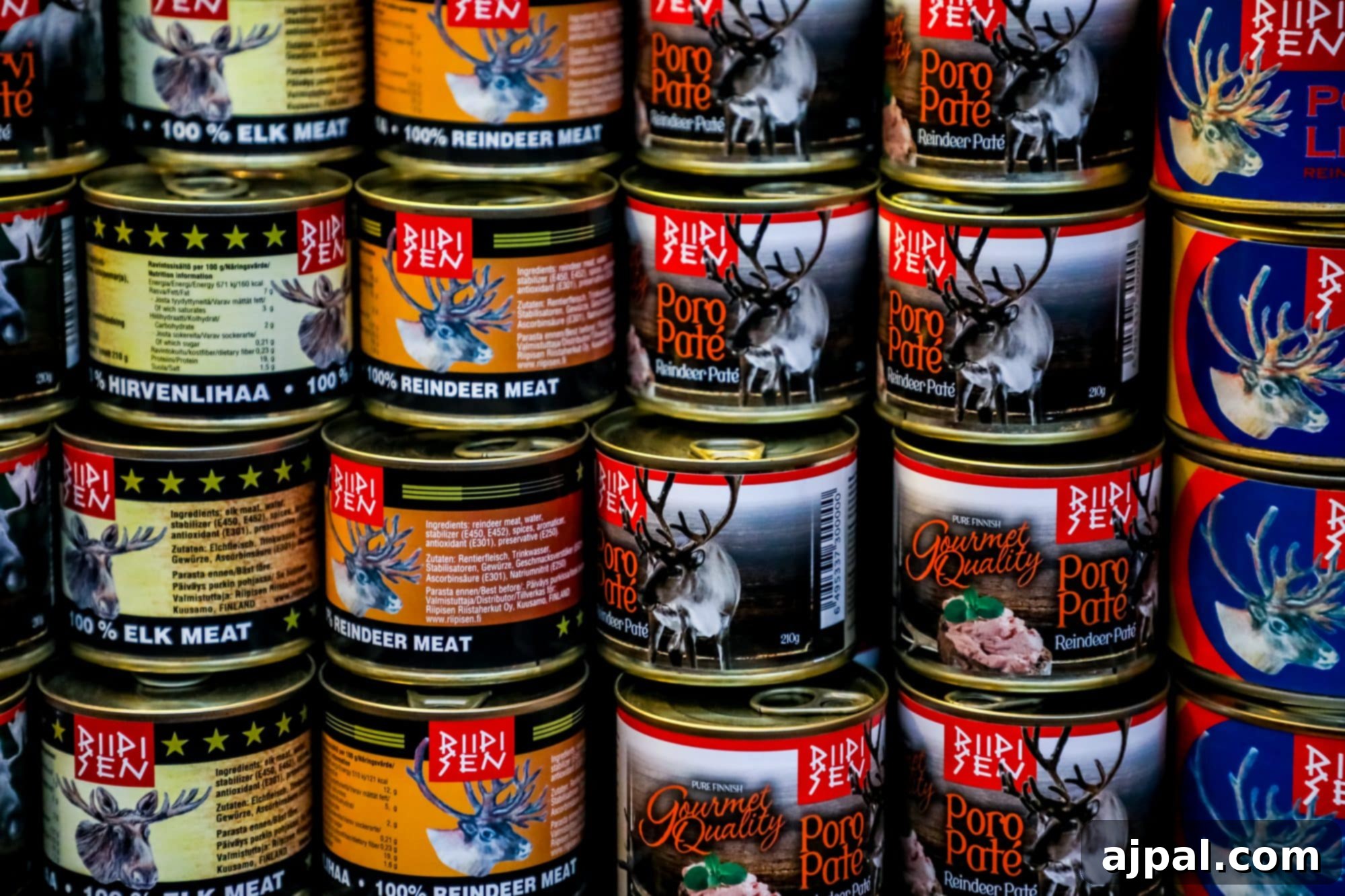 A tantalizing array of canned deer meat products, including reindeer pâté, available at Helsinki's Old Market Hall.
