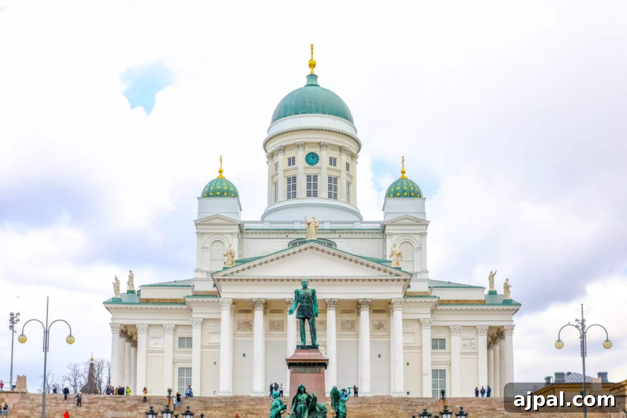 Helsinki's iconic Senate Square, with its majestic cathedral and neoclassical architecture under a bright sky.