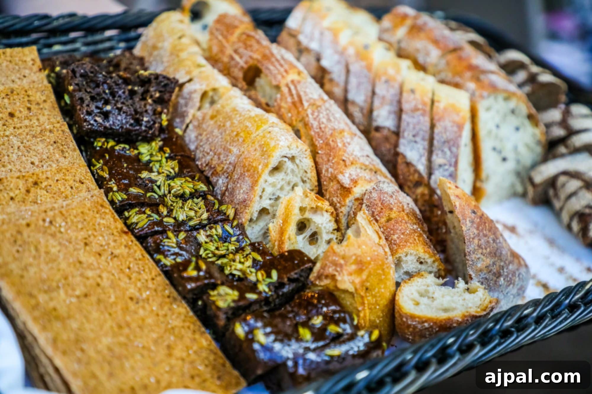 A basket brimming with an assortment of freshly baked Finnish breads from Kappeli, Helsinki.