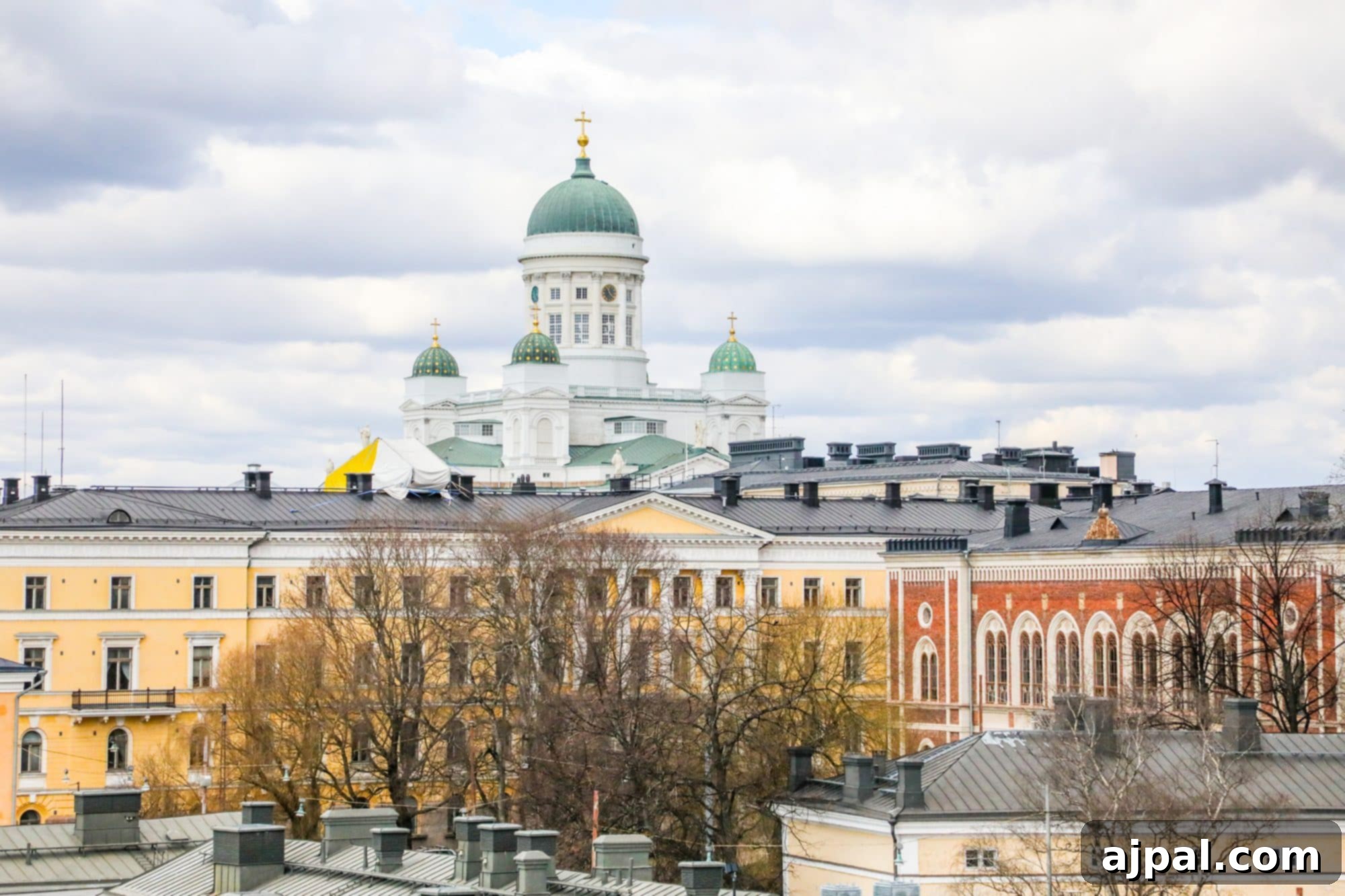 A grand view of Helsinki's Senate Square, showcasing its neoclassical architecture and wide open spaces.