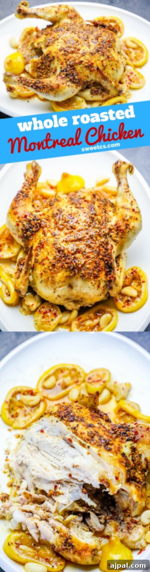 Effortless Whole Montreal Roast Chicken 9 A picture of an easy whole roasted Montreal chicken on a plate, ready to be served.