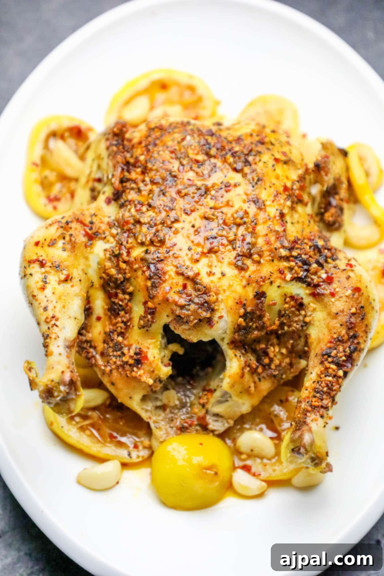 Effortless Whole Montreal Roast Chicken 3 A whole roasted Montreal chicken, infused with herbs, garlic, and lemon, presented on a rustic wooden board.