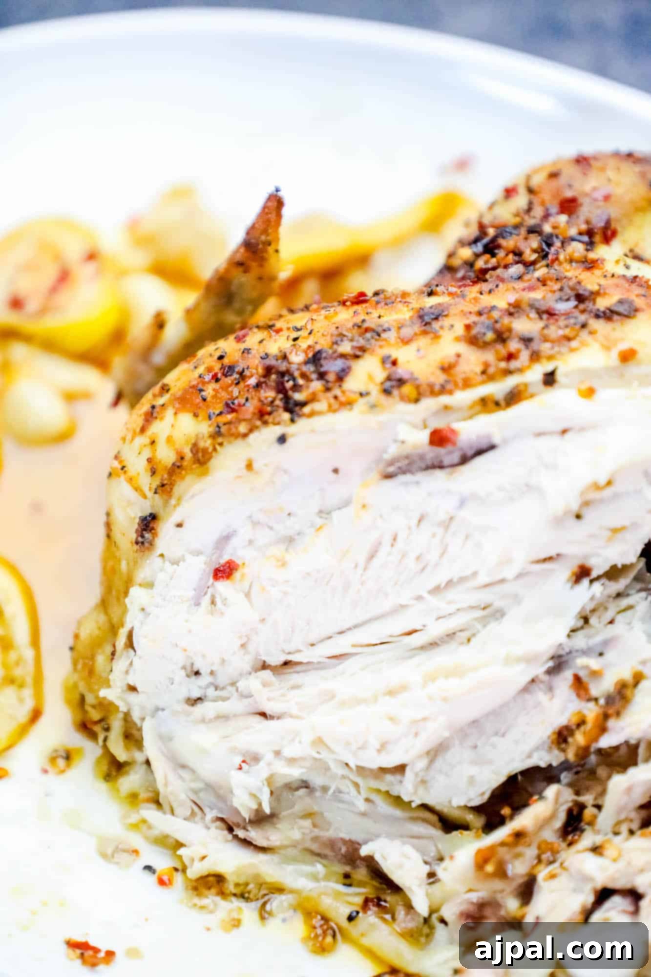 Effortless Whole Montreal Roast Chicken 5 A perfectly carved roasted Montreal chicken, showcasing its crispy skin and tender meat, ready to be served.