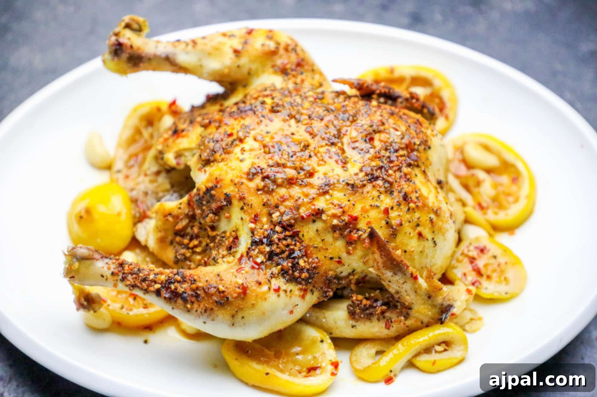 Effortless Whole Montreal Roast Chicken 6 A close-up shot of a beautifully roasted Montreal chicken, glistening with flavorful juices and adorned with fresh lemon slices.