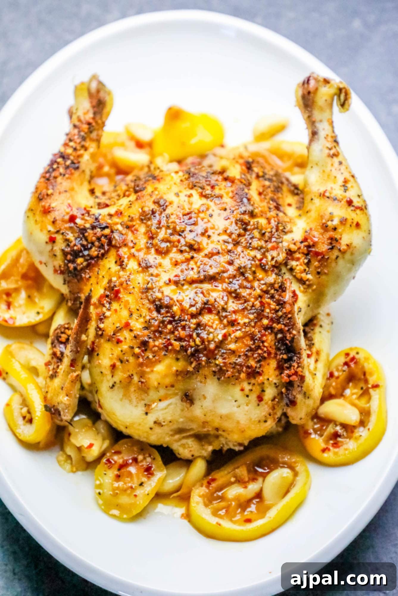 Effortless Whole Montreal Roast Chicken 7 A close-up of a succulent whole roasted Montreal chicken with lemon slices, resting on a serving plate.