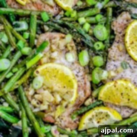 Close-up of a dish featuring seasoned chicken breasts topped with lemon slices and chopped scallions, surrounded by sautéed green beans and asparagus, reminiscent of a lemon garlic one pot asparagus and pork chop dinner.