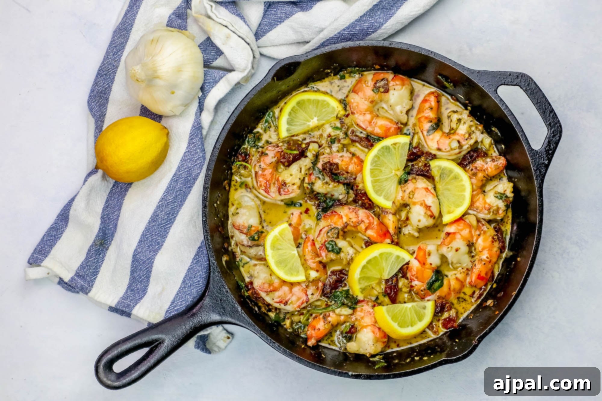 A cast iron skillet showcasing succulent shrimp nestled in a creamy lemon spinach sauce, a perfect one-pan meal.