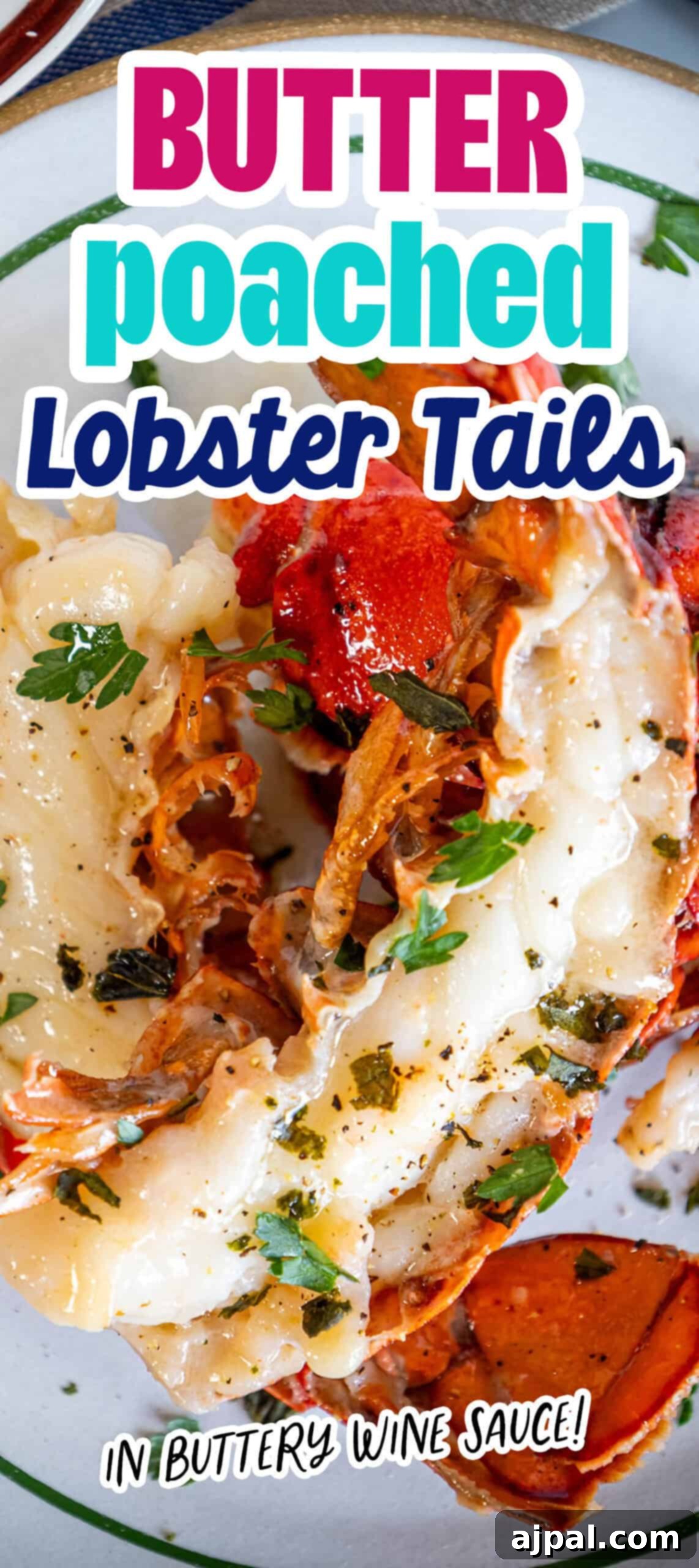 Decadent Butter Poached Lobster Tails 6 Overhead shot of a platter of butter-poached lobster tails, garnished with fresh herbs and lemon wedges.