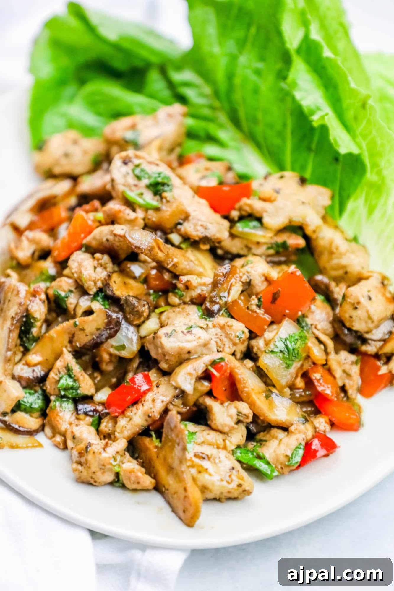 Plate of ranch diced pork with peppers and seasoning, ready to be wrapped in crisp lettuce leaves.
