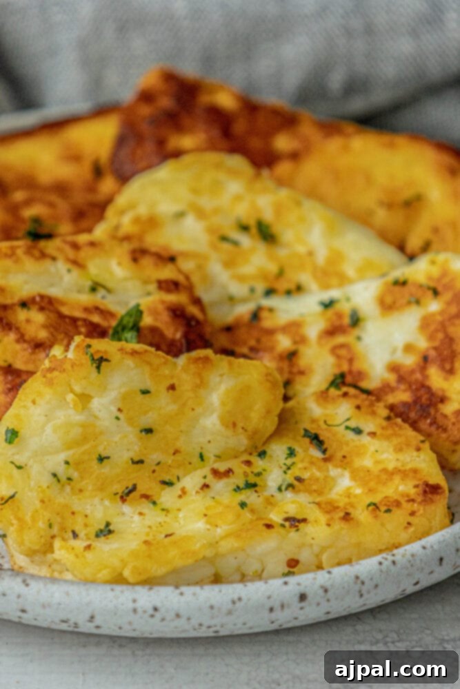 Greek Pan Fried Halloumi Recipe 8 A plate of golden-brown pan-fried halloumi slices, perfectly cooked and topped with dried mint, showcased as a delicious appetizer.