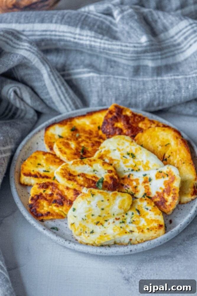 Greek Pan Fried Halloumi Recipe 9 Fried slices of Greek Halloumi cheese, beautifully browned and topped with finely minced fresh mint, served on a pristine white plate with a decorative napkin.