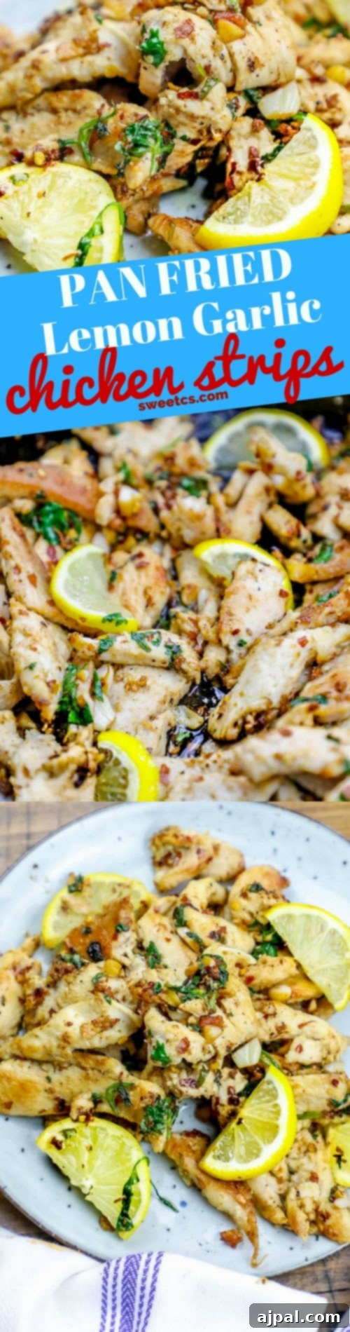 Pan-fried chicken strips without breading, garnished with fresh lemon slices and herbs.
