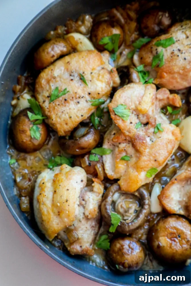 Quick One Pot Garlic Butter Chicken Thighs and Mushrooms 4 An overhead shot of one-pot keto garlic butter chicken thighs and mushrooms cooking in a pan, showcasing fresh ingredients.