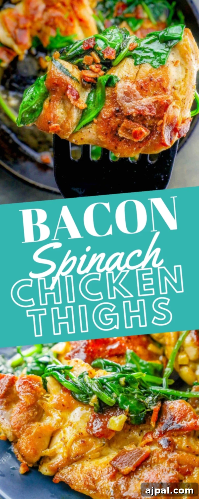 Easy Skillet Bacon Garlic Chicken and Spinach 10 One Pot Bacon Garlic Chicken and Spinach Dinner with focus on chicken thighs and spinach.