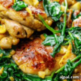 Easy Skillet Bacon Garlic Chicken and Spinach 11 A close up of chicken and spinach in a skillet in one pot.