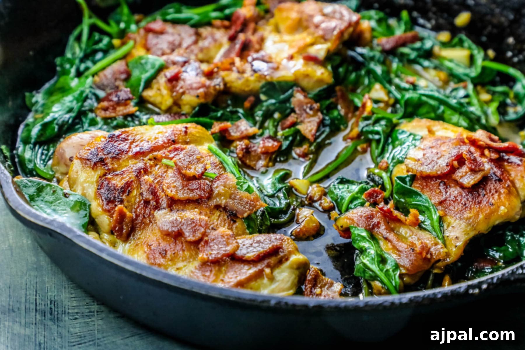 Easy Skillet Bacon Garlic Chicken and Spinach 4 Close-up of a skillet filled with a rich and savory bacon garlic chicken and spinach dinner.