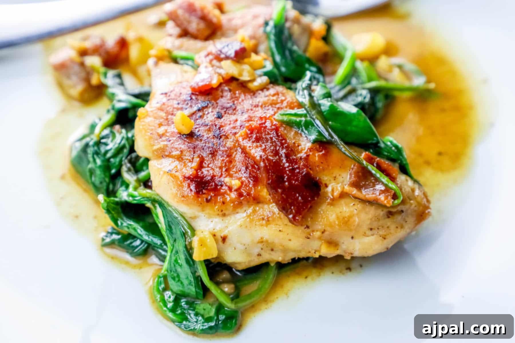 Easy Skillet Bacon Garlic Chicken and Spinach 6 A serving of bacon garlic chicken and spinach, beautifully plated on a white dish.