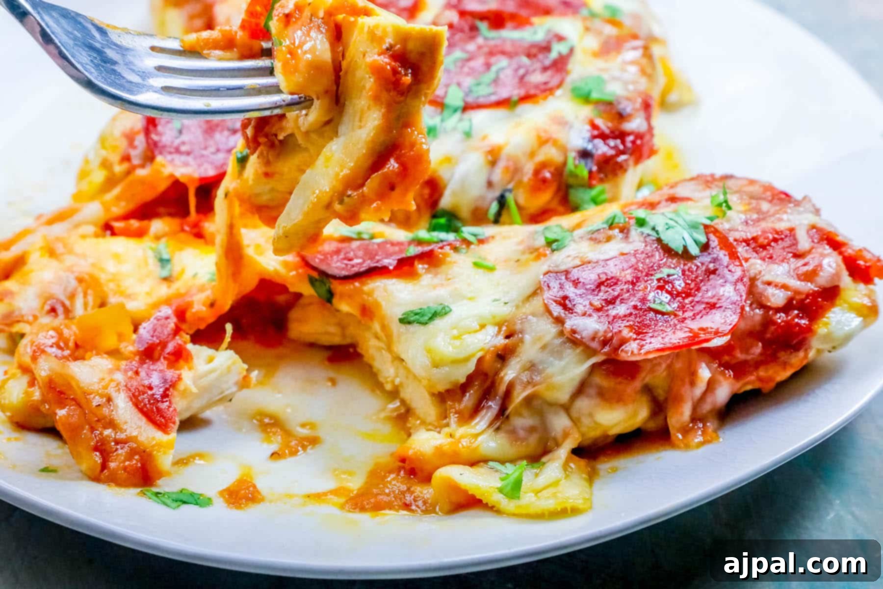 Easy Cheesy Keto Low Carb Chicken Pizza 7 A perfectly portioned Easy Keto Low Carb Cheesy Pizza Chicken, served on a white plate with a fork, highlighting its delicious melted cheese and pepperoni.