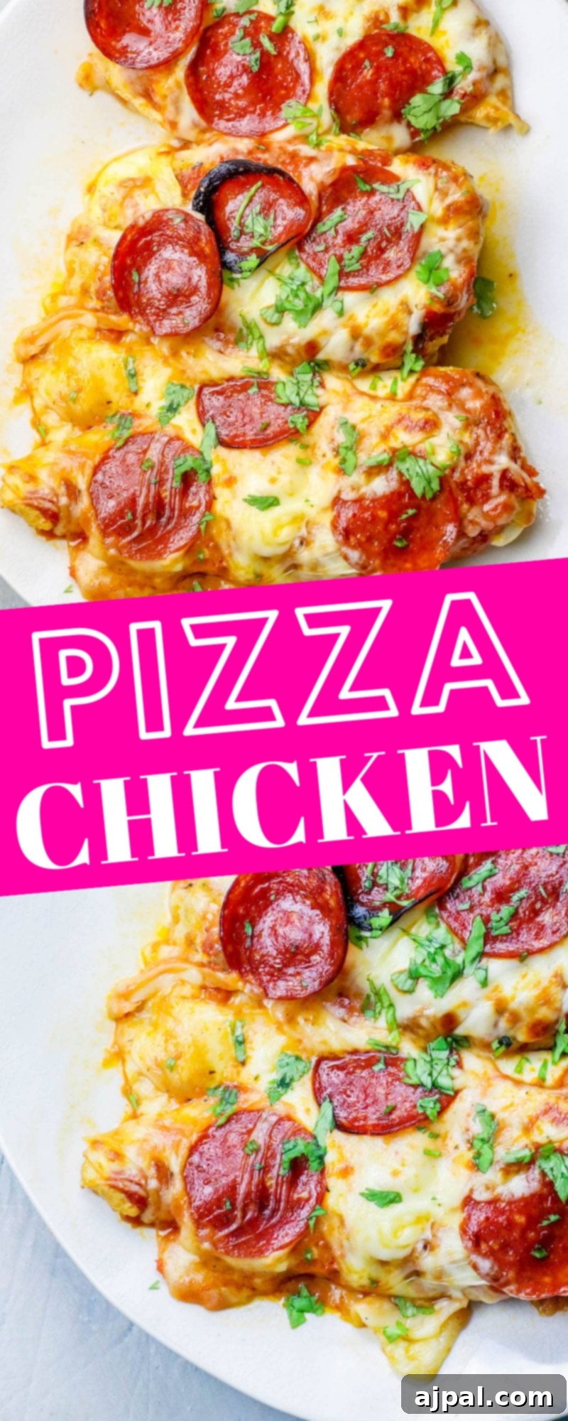Easy Cheesy Keto Low Carb Chicken Pizza 9 A beautifully presented Easy Pizza Chicken Recipe, showing a delicious chicken base topped with rich sauce, melted cheese, and pepperoni.