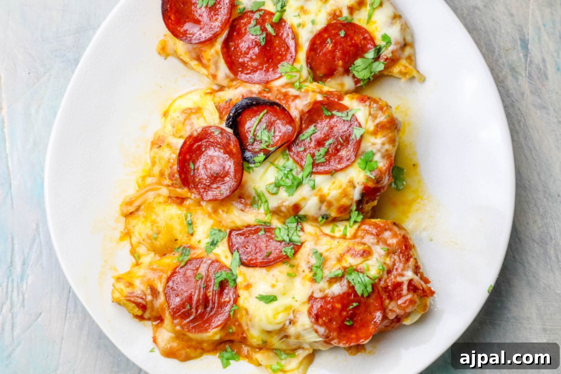 Easy Cheesy Keto Low Carb Chicken Pizza 3 Three perfectly baked Cheesy Pizza Chicken breasts adorned with melted cheese and crisp pepperoni, arranged on a pristine white plate.