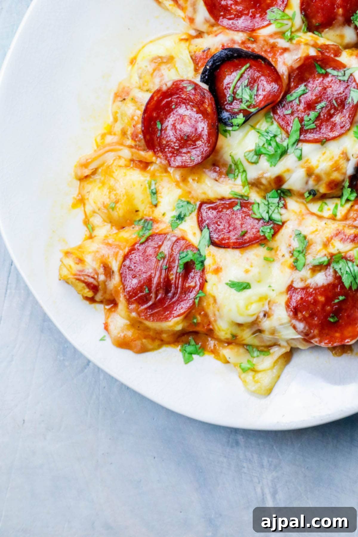 Easy Cheesy Keto Low Carb Chicken Pizza 4 A savory Cheesy Pizza Chicken, featuring a perfectly cooked chicken base, generously layered with rich sauce and a blanket of melted cheese and crispy pepperoni.