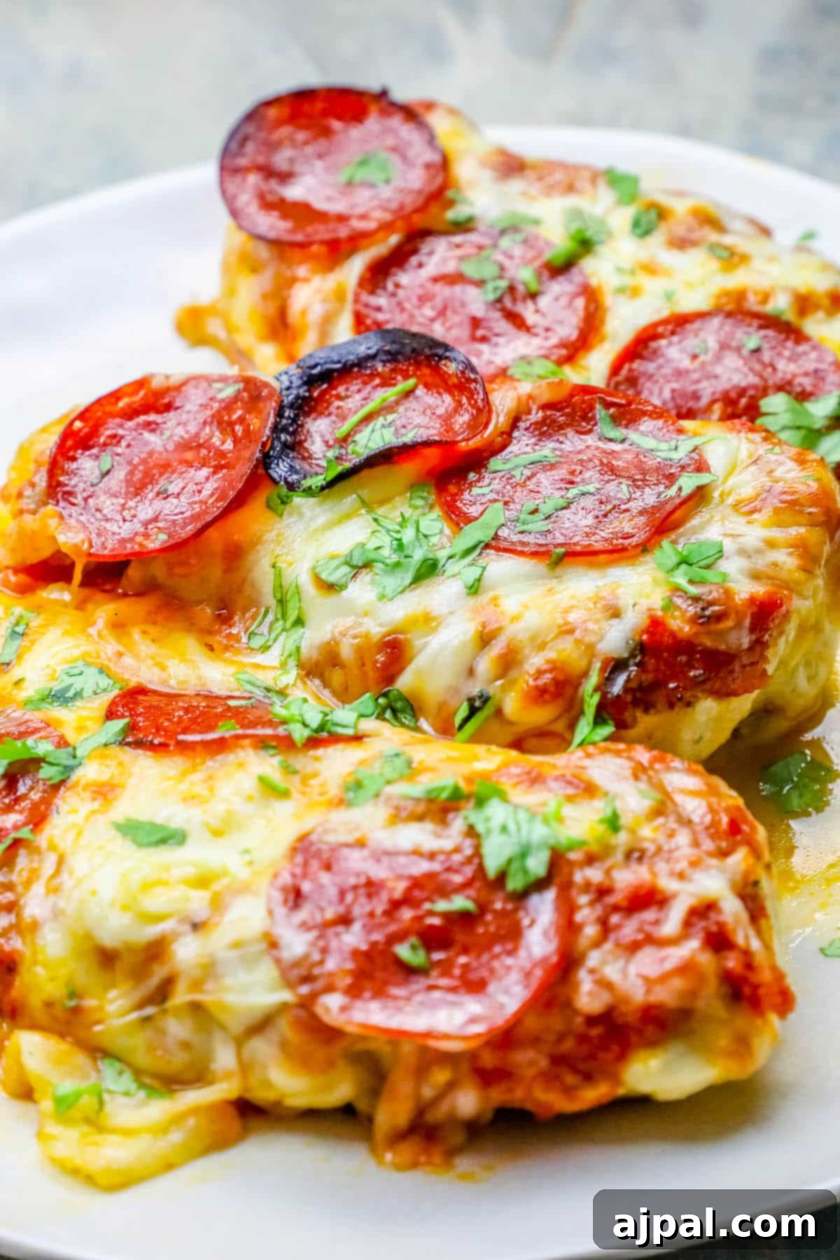 Easy Cheesy Keto Low Carb Chicken Pizza 6 A delectable Cheesy Pizza Chicken dinner on a white plate, showcasing a crispy chicken base piled high with melted cheese and zesty pepperoni, perfect for a low-carb meal.