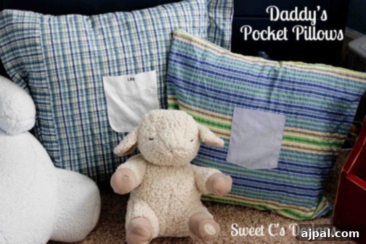 A finished memory pillow crafted from Daddy's shirt, showcasing the transformation of a beloved garment into a comforting item for a child.