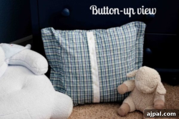 A plaid Daddy's shirt pillow rests on the floor next to a plush teddy bear, showcasing the easy reuse and sentimental value of this DIY project.