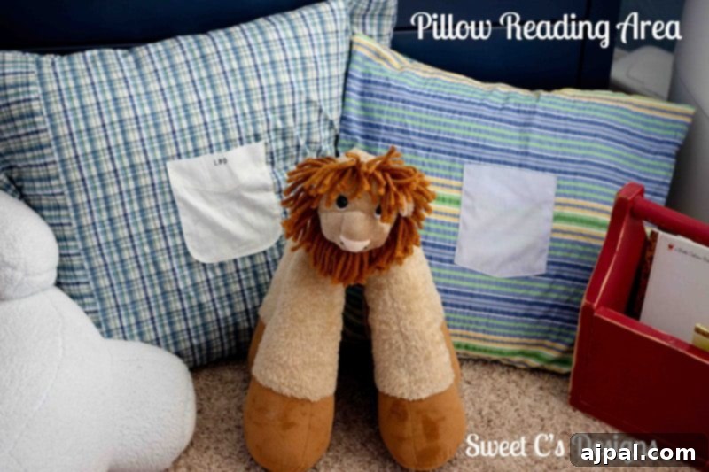 A cozy reading area for a child, featuring a pillow transformed from Daddy's shirt, creating a warm and inviting space for stories and comfort.