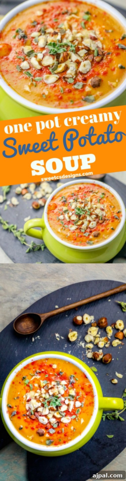 Velvety Sweet Potato Soup with Toasted Hazelnuts 7 A stunning vertical shot of a bowl of creamy sweet potato soup with hazelnuts, emphasizing its rich texture and inviting warmth.