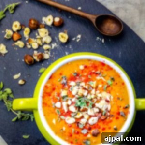 A creamy sweet potato soup with hazelnuts and almonds.