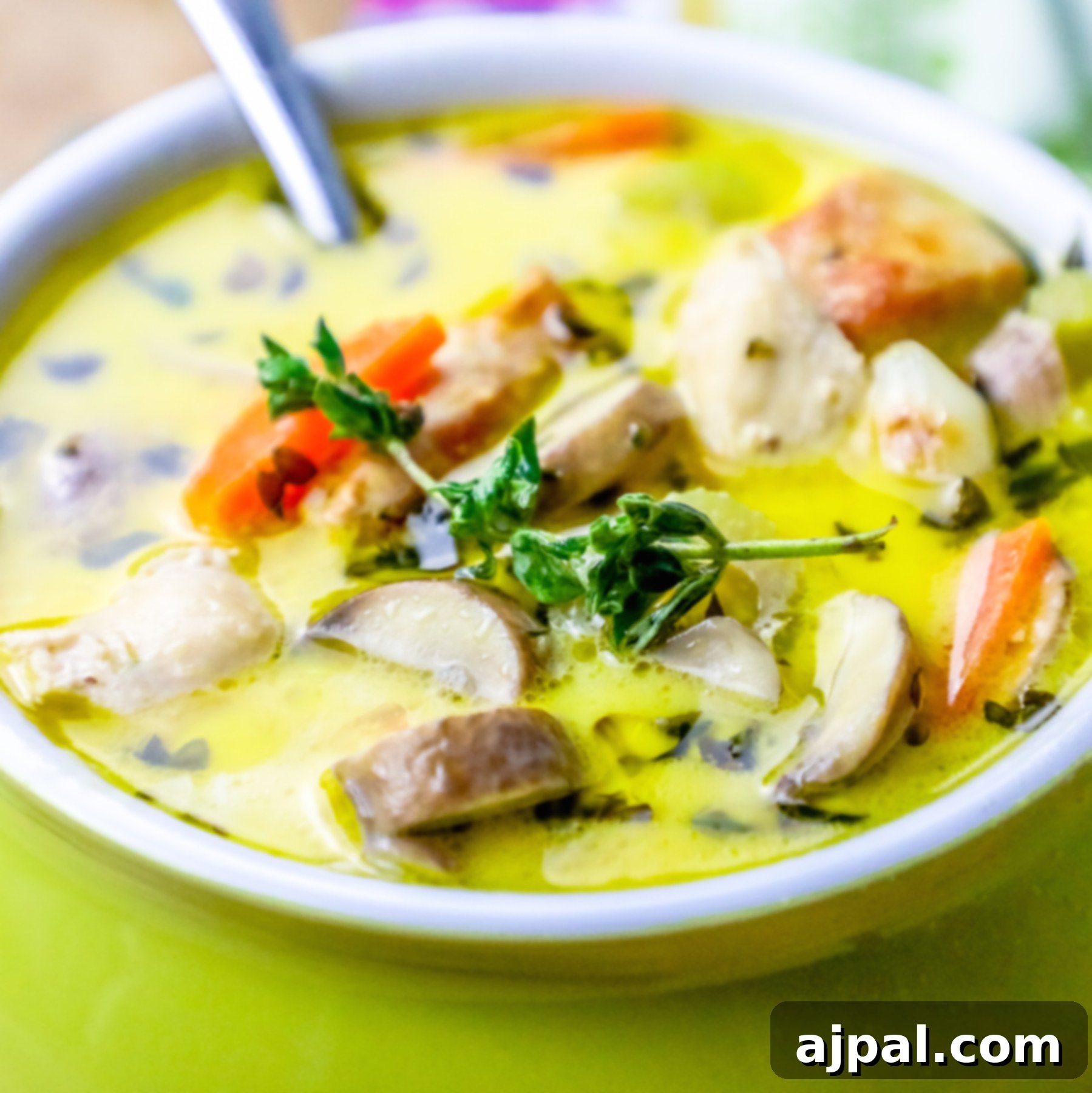 picture of mushroom and chicken soup with thyme on the top up close.