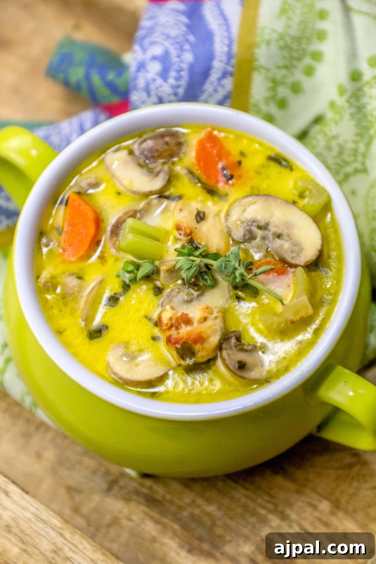 picture of mushroom and chicken soup with thyme on the top in a green pot with a colorful kitchen towel in the background.